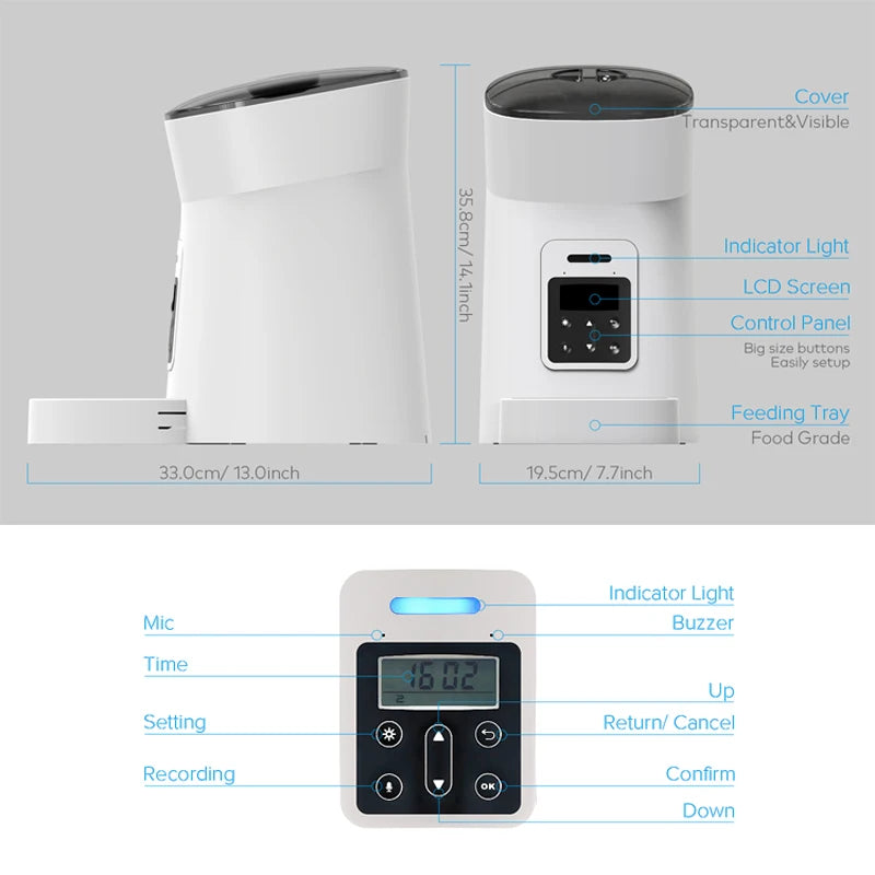 Alimentador Automático Inteligente para Mascotas con Cámara WiFi – 4L y 6L, Programación de Comidas y Grabación de Voz