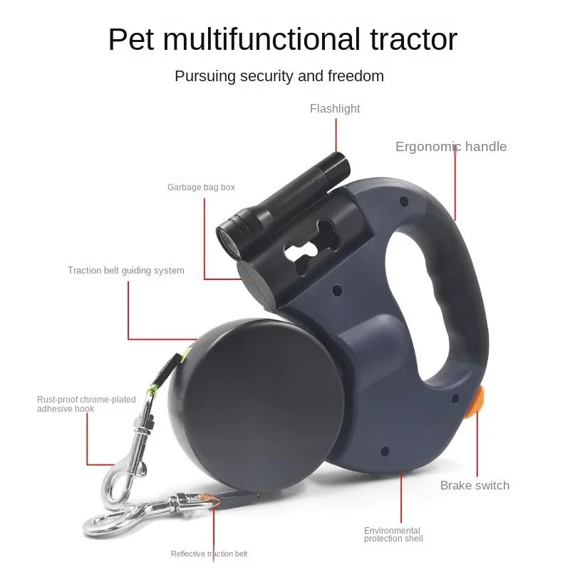 Correa Doble Retráctil con Linterna y Porta Bolsas – Ideal para Pasear 2 Perros a la Vez, Giro 360°, Liviana y Segura