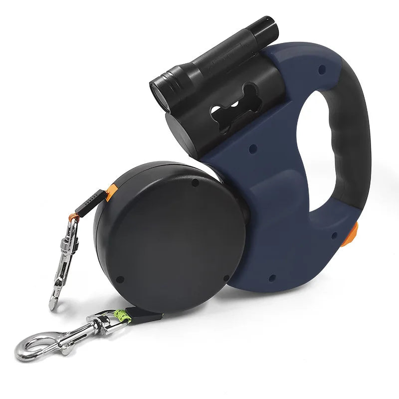 Correa Doble Retráctil con Linterna y Porta Bolsas – Ideal para Pasear 2 Perros a la Vez, Giro 360°, Liviana y Segura