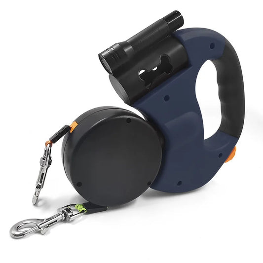 Correa Doble Retráctil con Linterna y Porta Bolsas – Ideal para Pasear 2 Perros a la Vez, Giro 360°, Liviana y Segura