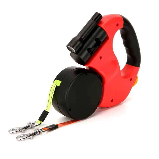Correa Doble Retráctil con Linterna y Porta Bolsas – Ideal para Pasear 2 Perros a la Vez, Giro 360°, Liviana y Segura
