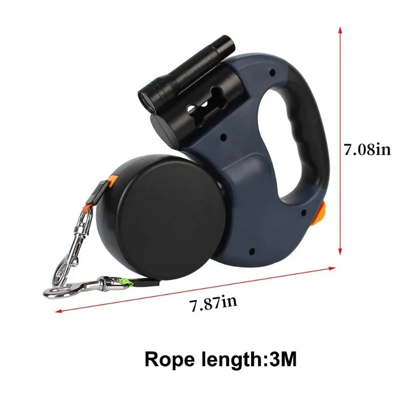 Correa Doble Retráctil con Linterna y Porta Bolsas – Ideal para Pasear 2 Perros a la Vez, Giro 360°, Liviana y Segura