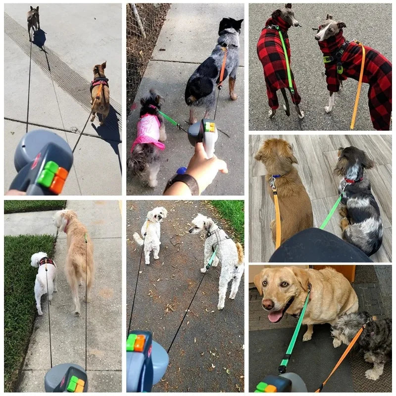 Correa Doble Retráctil con Linterna y Porta Bolsas – Ideal para Pasear 2 Perros a la Vez, Giro 360°, Liviana y Segura