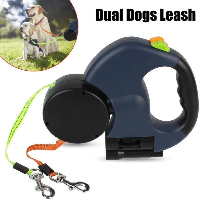 Correa Doble Retráctil con Linterna y Porta Bolsas – Ideal para Pasear 2 Perros a la Vez, Giro 360°, Liviana y Segura