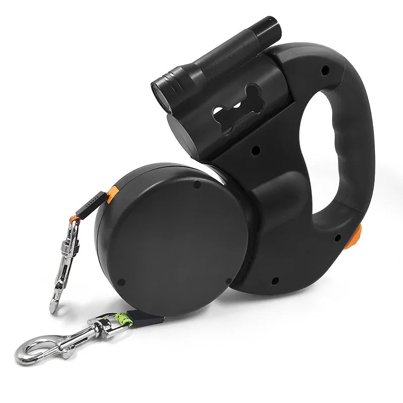 Correa Doble Retráctil con Linterna y Porta Bolsas – Ideal para Pasear 2 Perros a la Vez, Giro 360°, Liviana y Segura