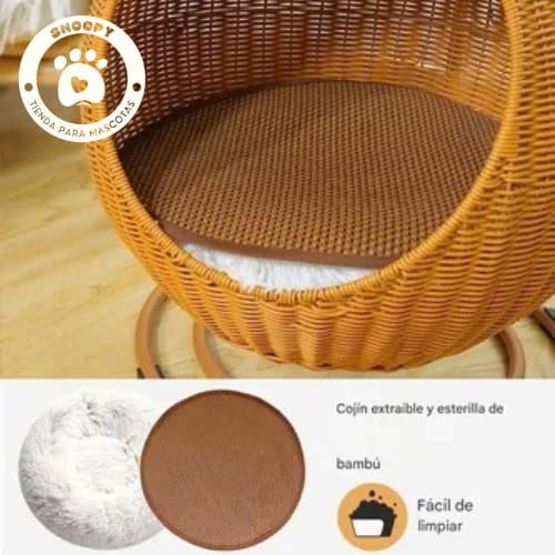 Cama Esférica de Mimbre para Gatos con Base Antideslizante