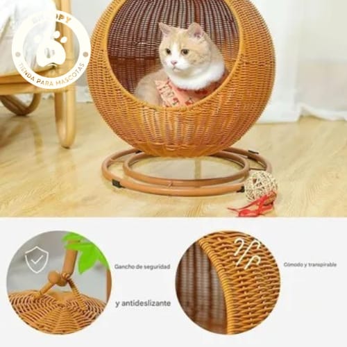 Cama Esférica de Mimbre para Gatos con Base Antideslizante
