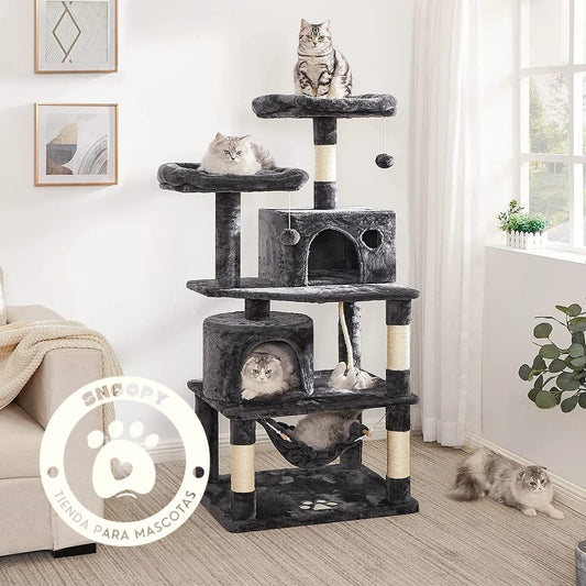 Árbol Rascador Premium para Gatos 145 cm – Múltiples Plataformas, Cuevas, Hamaca y Rascadores