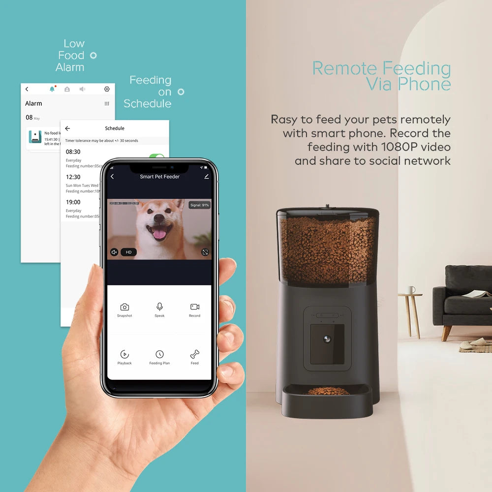 Alimentador Automático Inteligente para Mascotas con Cámara WiFi – 4L y 6L, Programación de Comidas y Grabación de Voz
