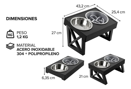 Comedero Bebedero Doble Ajustable con Altura + Bowls Acero Inoxidable Para Perros y Gatos