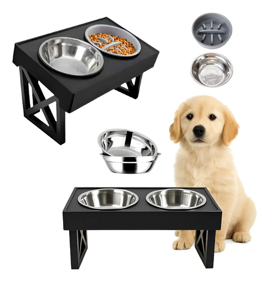 Comedero Bebedero Doble Ajustable con Altura + Bowls Acero Inoxidable Para Perros y Gatos