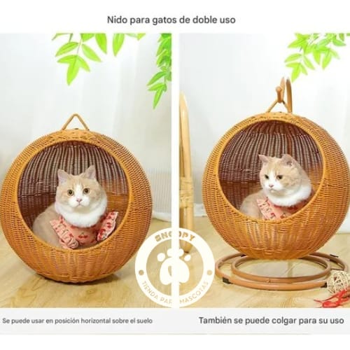 Cama Esférica de Mimbre para Gatos con Base Antideslizante