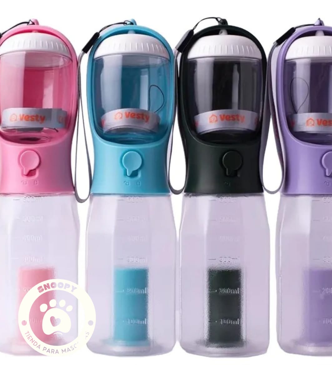 Botella Portátil 3 en 1 para Mascotas – Agua, Comedero y Bolsas Desechables