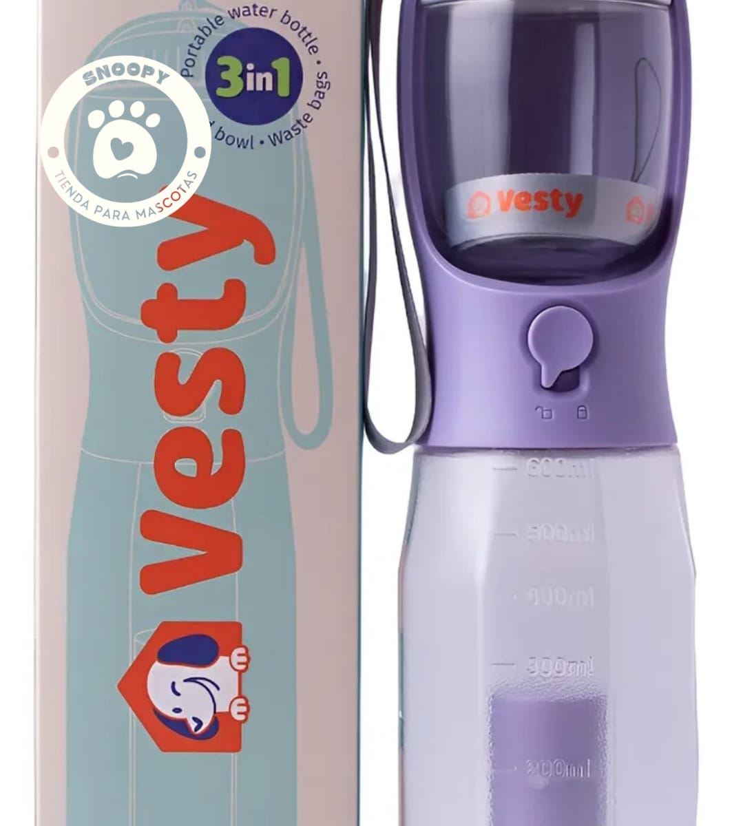 Botella Portátil 3 en 1 para Mascotas – Agua, Comedero y Bolsas Desechables