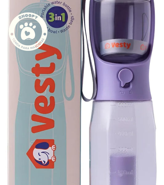 Botella Portátil 3 en 1 para Mascotas – Agua, Comedero y Bolsas Desechables