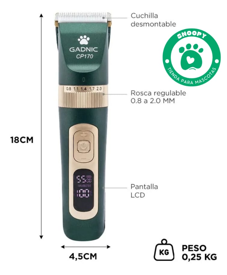 Máquina Cortapelo Profesional para Mascotas Gadnic CP170 – Silenciosa, Inalámbrica, Pantalla LCD + Kit Completo de Grooming